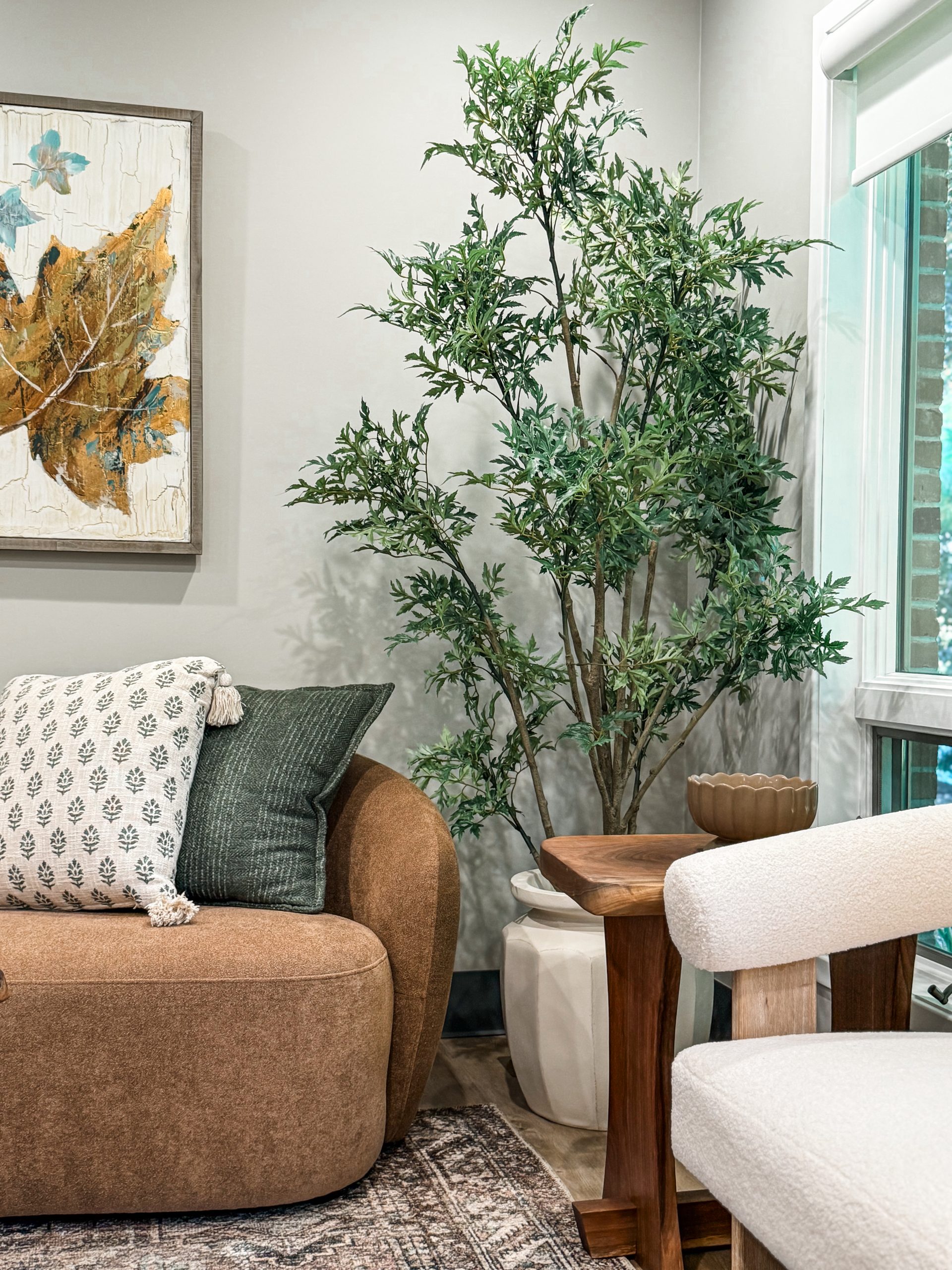 Dental office waiting room with chairs and foliage near a window, illuminated by natural light, creating a bright and welcoming patient space.
